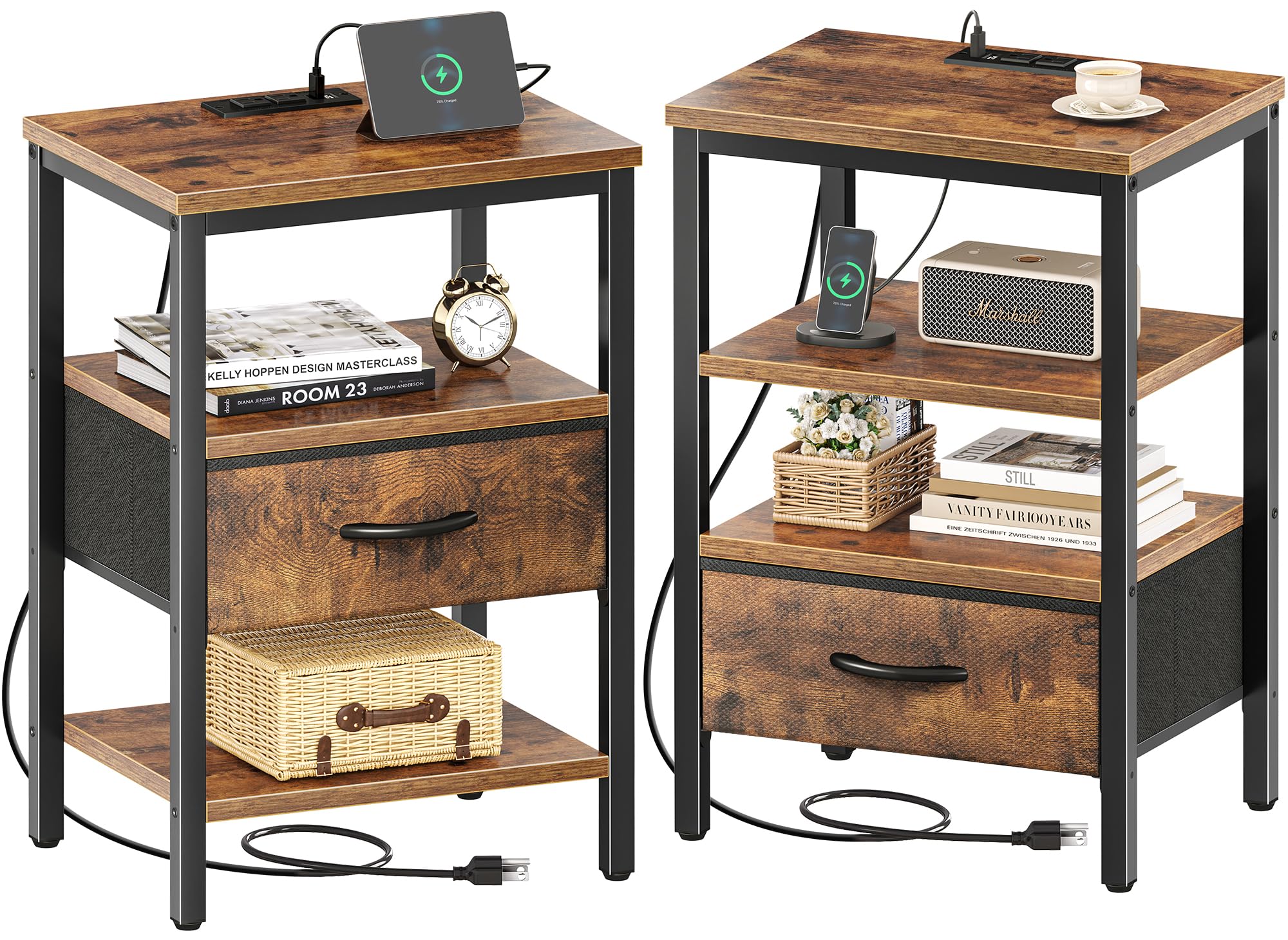 Superjare Nightstand Set Of 2, Bed Side Tables With Charging Station, Adjustable Fabric Drawer, Night Stand For Bedroom, 3-Tier Storage End Tables, For Living Room, Rustic Brown